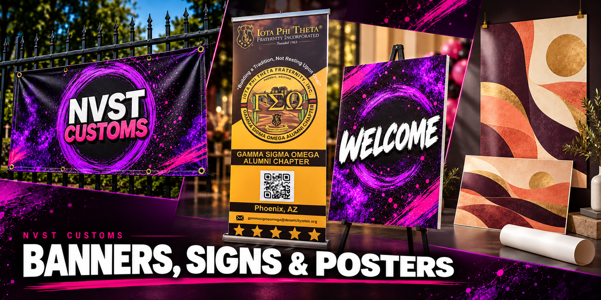 NVST Customs collection cover showing a vinyl banner, retractable banner, foam board sign, and custom posters