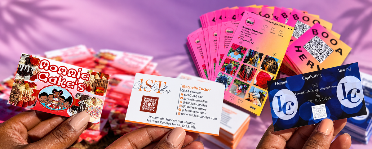 Collage of NVST Customs business card samples on a purple and pink background