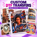 Collage of vibrant custom DTF transfers printed by NVST Customs in Phoenix, Arizona