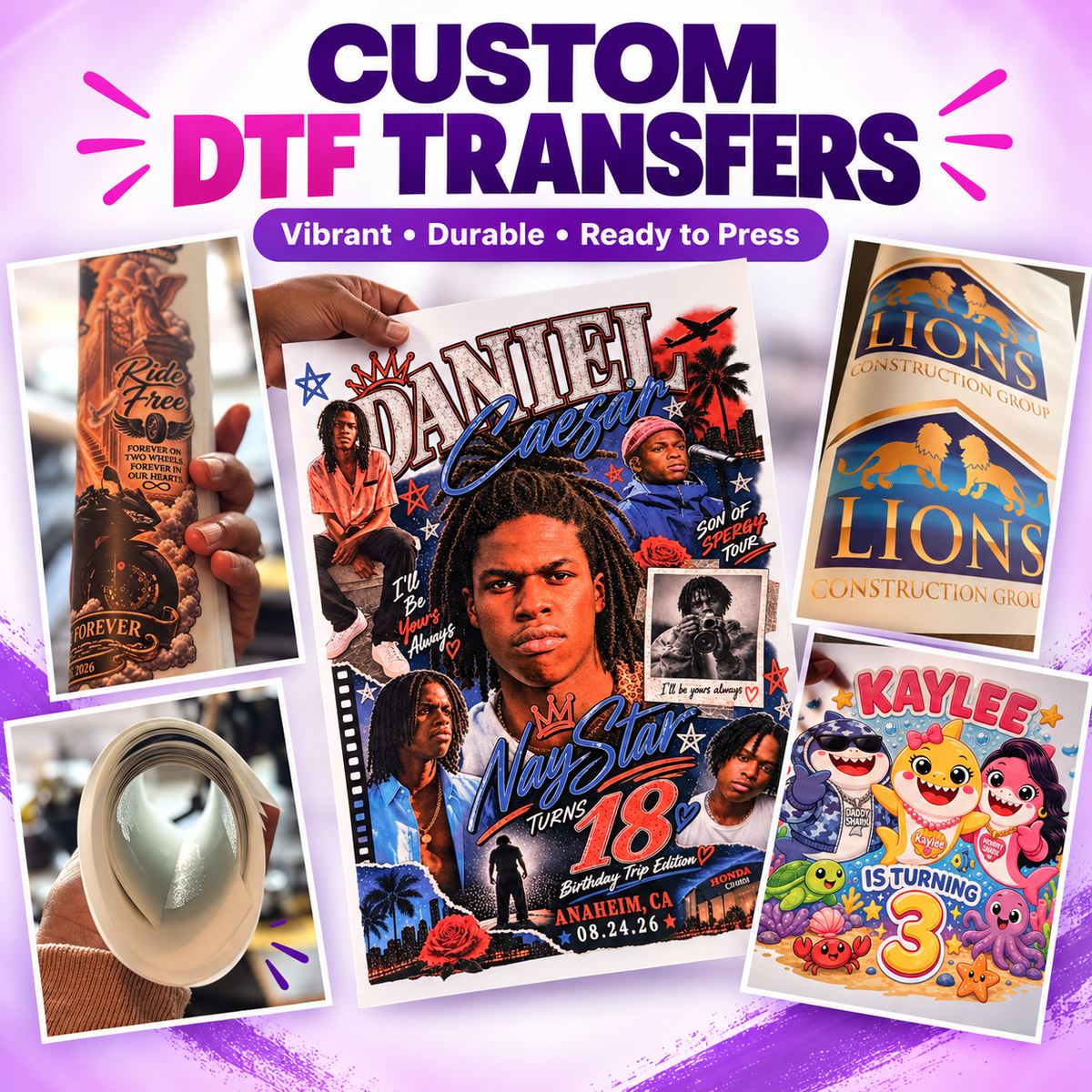 Collage of vibrant custom DTF transfers printed by NVST Customs in Phoenix, Arizona