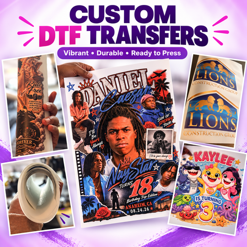 Collage of vibrant custom DTF transfers printed by NVST Customs in Phoenix, Arizona