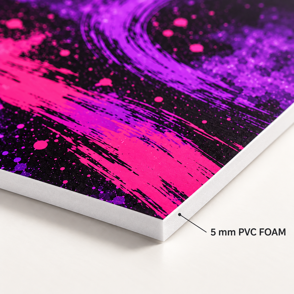Close-up of a custom printed 5 mm PVC foam board edge with purple and pink artwork