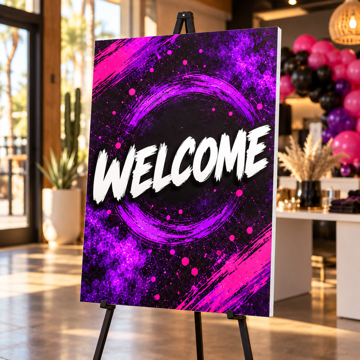 Custom rectangular foam board sign displayed on an easel at an event, with purple and pink printed artwork; easel shown for display only