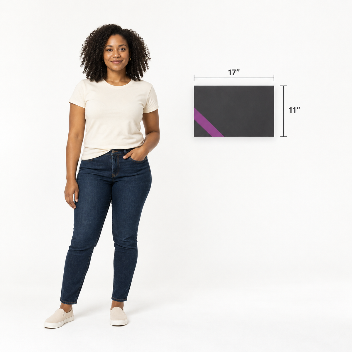 11 × 17 inch rectangular foam board size comparison beside a Black woman; illustrative scale