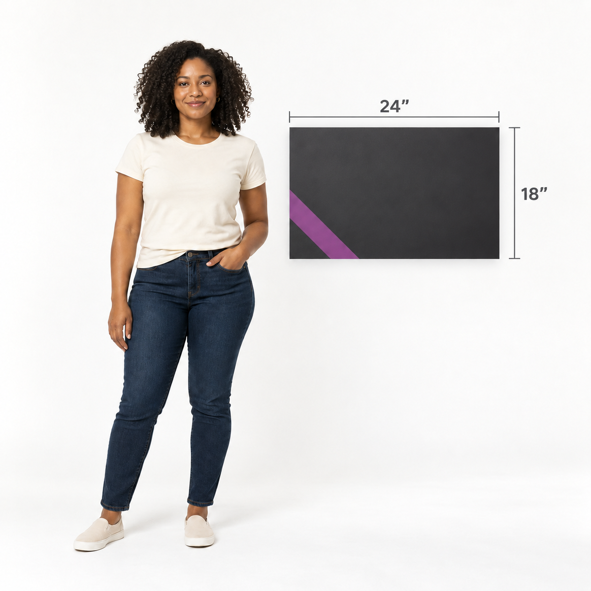 18 × 24 inch rectangular foam board size comparison beside a Black woman; illustrative scale