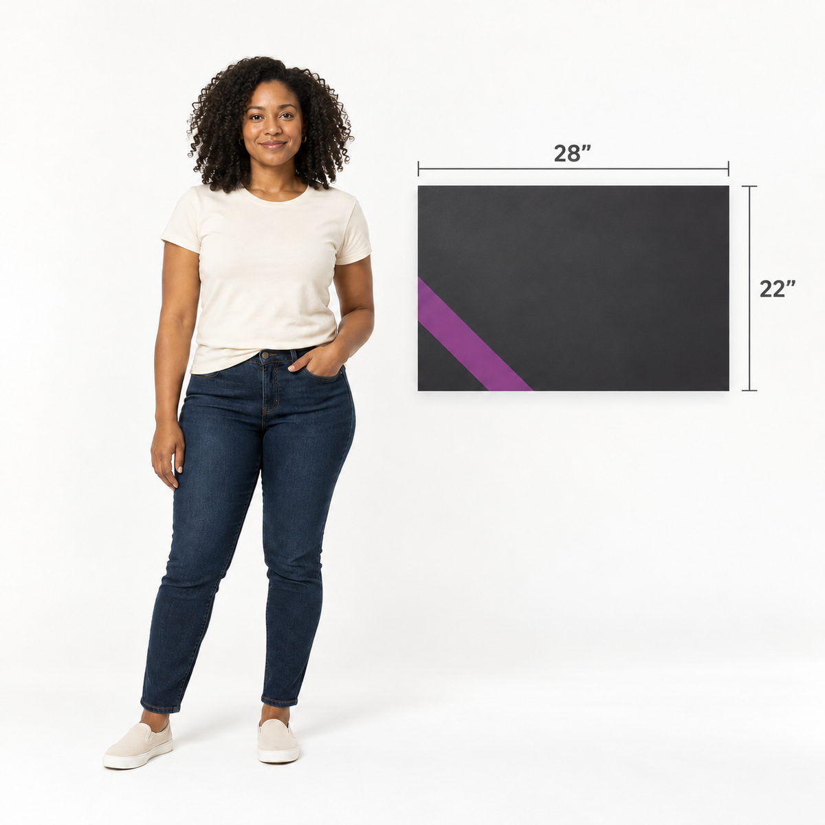 22 × 28 inch rectangular foam board size comparison beside a Black woman; illustrative scale