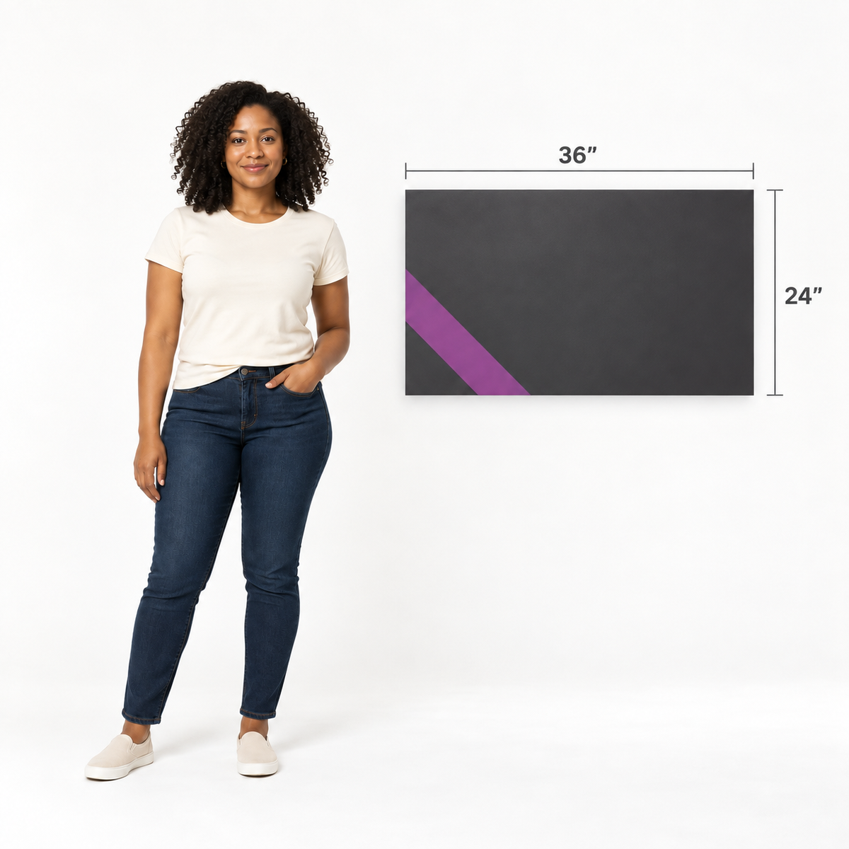 24 × 36 inch rectangular foam board size comparison beside a Black woman; illustrative scale