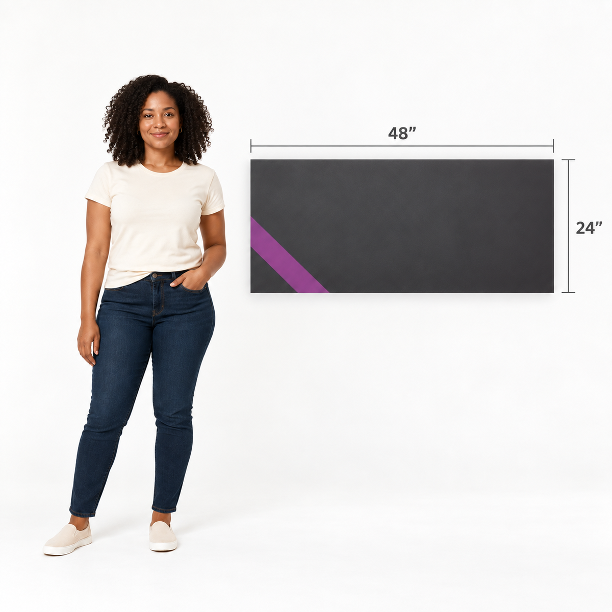 24 × 48 inch rectangular foam board size comparison beside a Black woman; illustrative scale